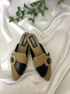 Black Pointed-Toe Mules with Gold Buckle | Women's Slip-On Heeled Mules