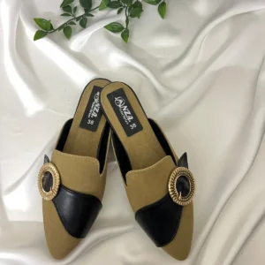 Black Pointed-Toe Mules with Gold Buckle | Women's Slip-On Heeled Mules