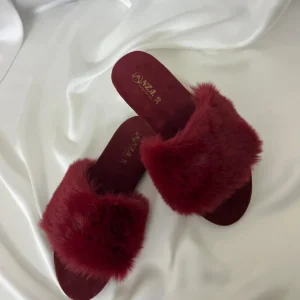 Burgundy Plush Fur Slides | Women's Indoor & Outdoor Fur Slippers