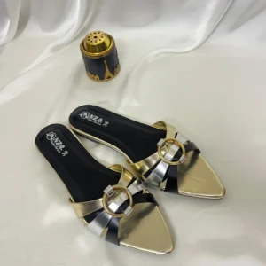 Black & Gold Ring-Accent Pointed-Toe Flat Slippers | Women's Glam Flats