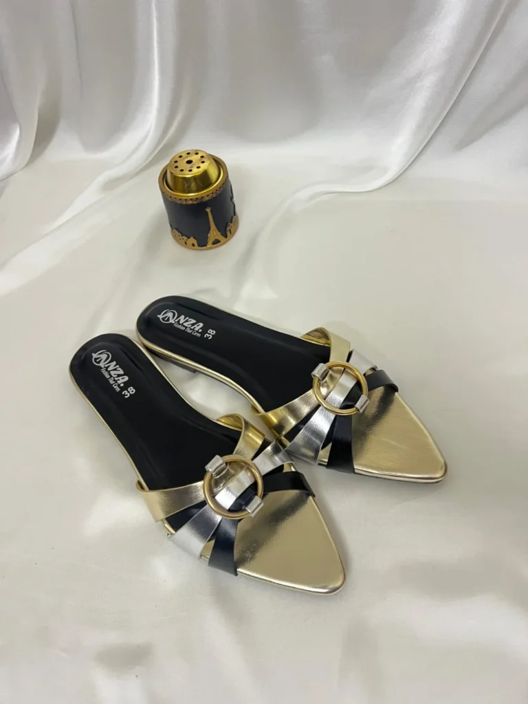 Black & Gold Ring-Accent Pointed-Toe Flat Slippers | Women’s Glam Flats