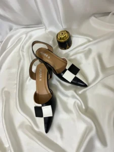 Black & White Bow-Detail Block Heel Slingback Shoes | Women's Office Heels