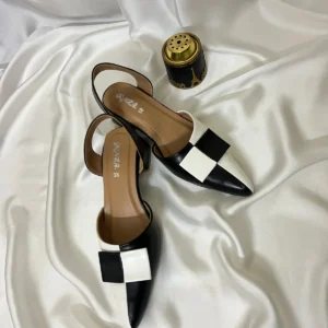 Black & White Bow-Detail Block Heel Slingback Shoes | Women's Office Heels