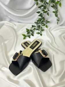 Black & Gold Buckle Square-Toe Slippers | Chic Flat Sandals for Women