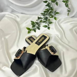 Black & Gold Buckle Square-Toe Slippers | Chic Flat Sandals for Women