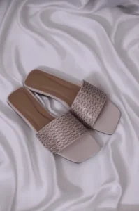 Beige Embellished Slide Sandals for Women | Nude Sparkle Slippers